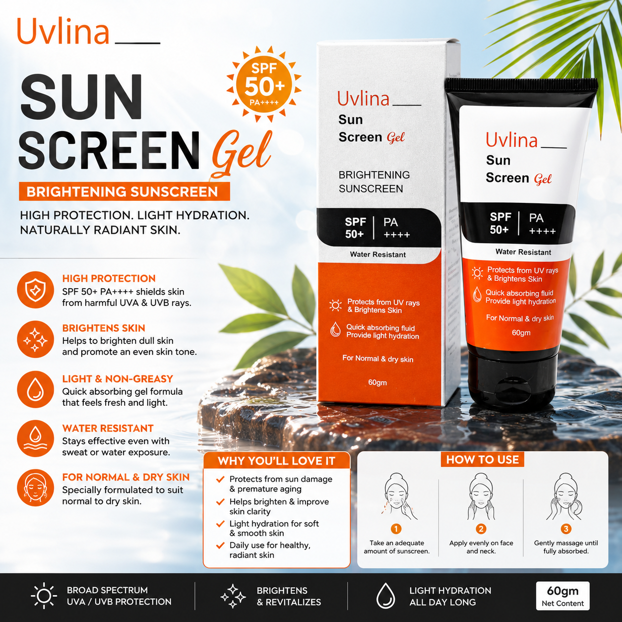 Uvlina Sunscreen Gel SPF 50+ PA++++ 60gm